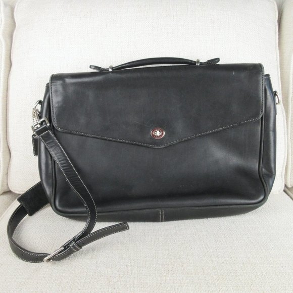 Authentic Coach Black Leather Turn Lock Messenger Briefcase fits 17" Laptop 6457 - Picture 1 of 12